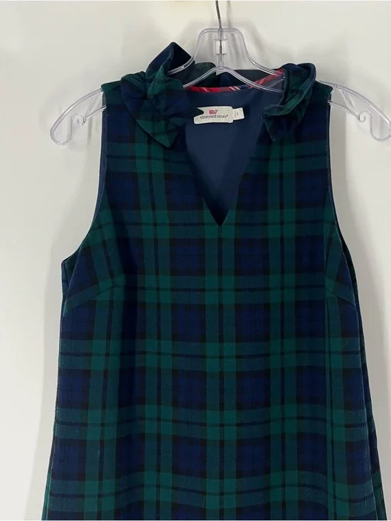 Vineyard Vines Blackwatch Meredith Green Ruffle Neck Dress Size 0 Plaid - Picture 4 of 8